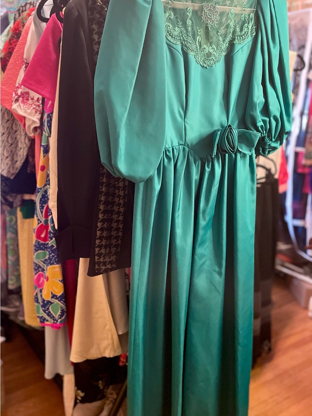 STUNNING Teal Satin Lace-Trim Prom Dress with Puff Sleeves